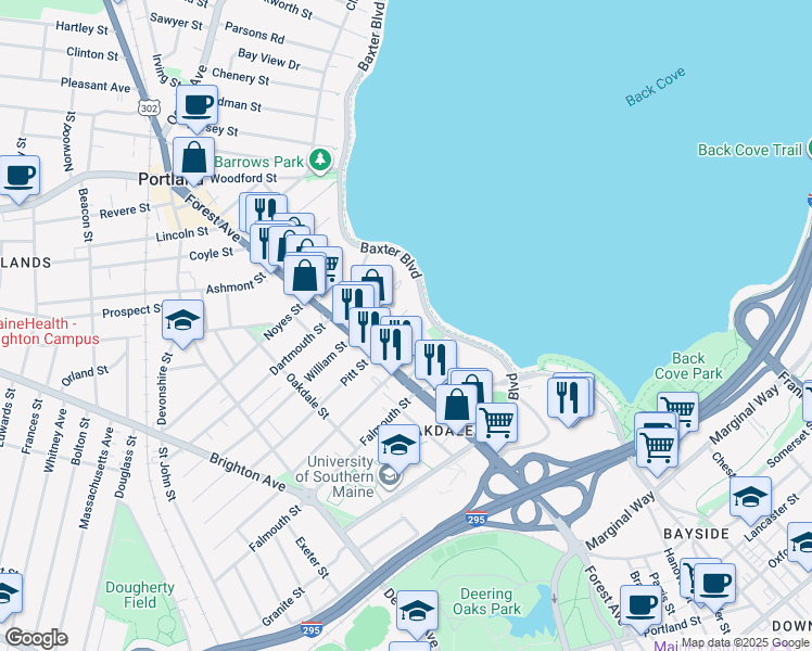map of restaurants, bars, coffee shops, grocery stores, and more near 45 Forest Park in Portland