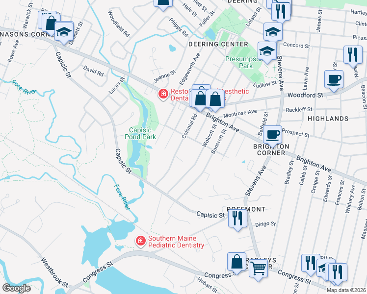 map of restaurants, bars, coffee shops, grocery stores, and more near 70 Colonial Road in Portland