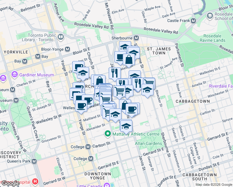 map of restaurants, bars, coffee shops, grocery stores, and more near 100 Wellesley Street East in Toronto