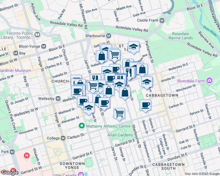 map of restaurants, bars, coffee shops, grocery stores, and more near 150 Wellesley Street East in Toronto