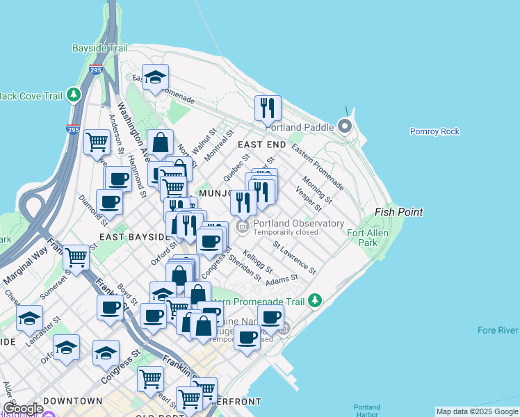 map of restaurants, bars, coffee shops, grocery stores, and more near 99 Atlantic Street in Portland