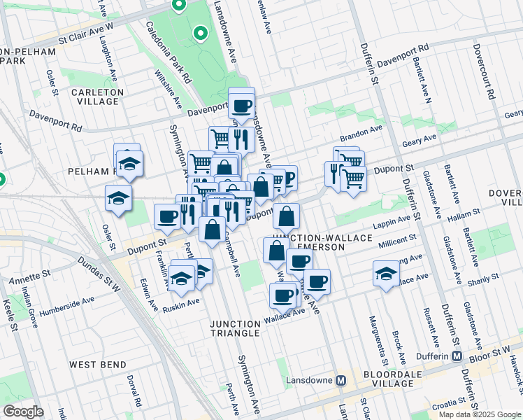 map of restaurants, bars, coffee shops, grocery stores, and more near in Toronto
