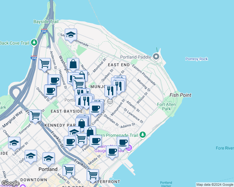 map of restaurants, bars, coffee shops, grocery stores, and more near 95 Congress Street in Portland