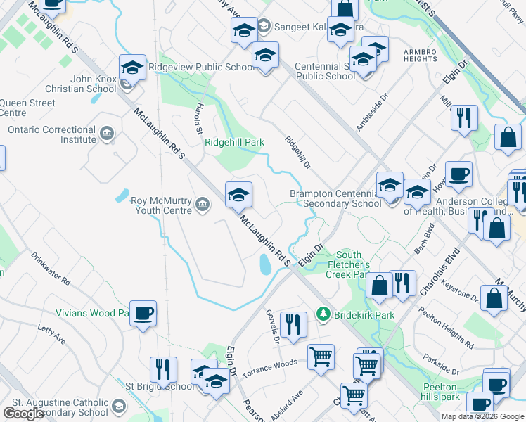 map of restaurants, bars, coffee shops, grocery stores, and more near 24 Norbert Road in Brampton