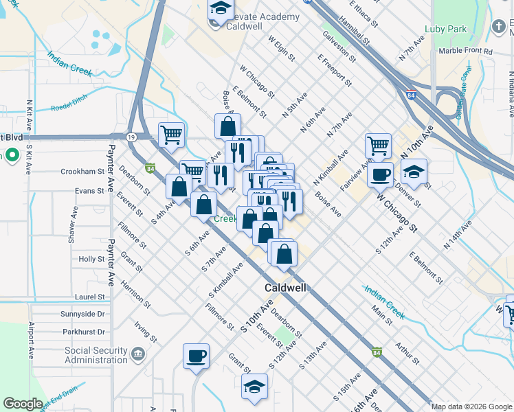 map of restaurants, bars, coffee shops, grocery stores, and more near 120 South 7th Avenue in Caldwell
