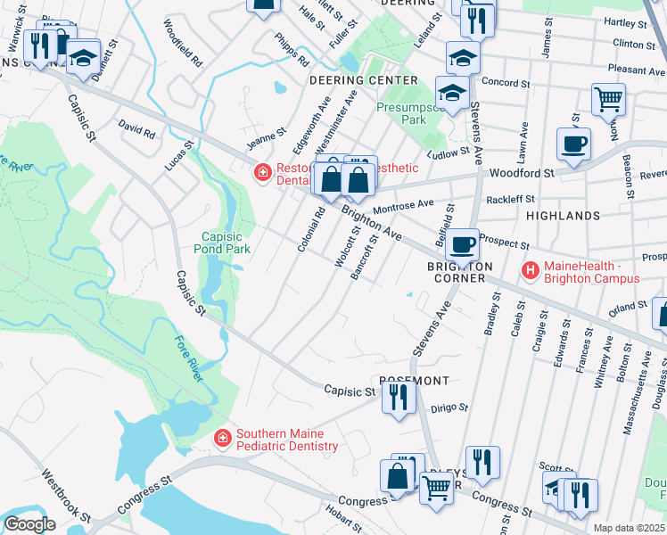 map of restaurants, bars, coffee shops, grocery stores, and more near 55 Wolcott Street in Portland