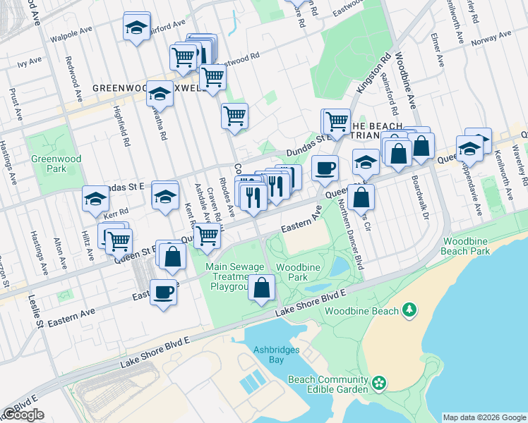 map of restaurants, bars, coffee shops, grocery stores, and more near 1630 Queen Street East in Toronto