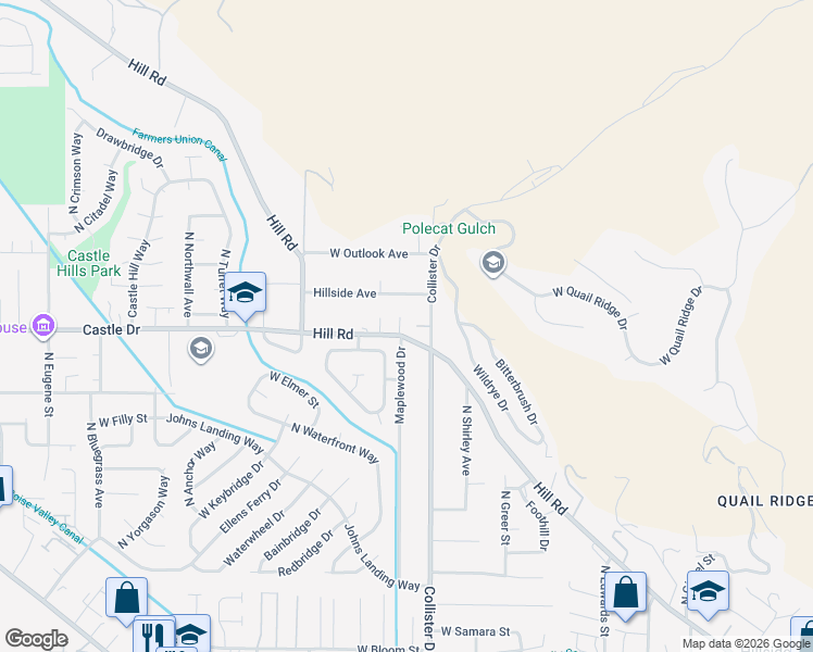map of restaurants, bars, coffee shops, grocery stores, and more near 4916 Hill Road in Boise