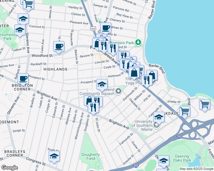 map of restaurants, bars, coffee shops, grocery stores, and more near 65 Longfellow Street in Portland