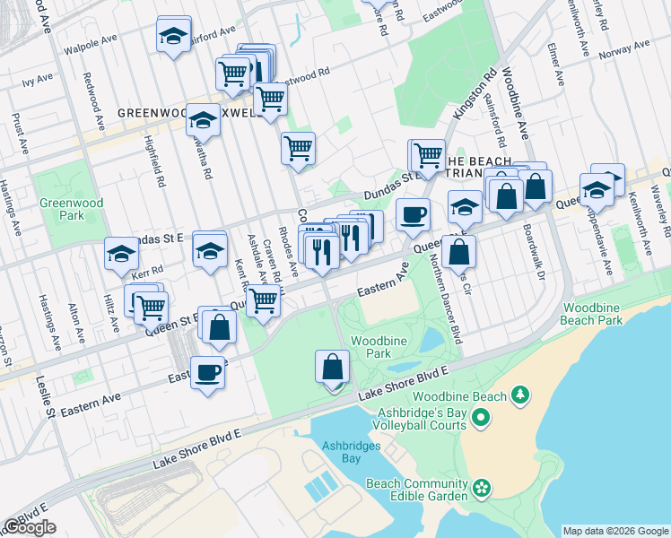 map of restaurants, bars, coffee shops, grocery stores, and more near 1630 Queen Street East in Toronto