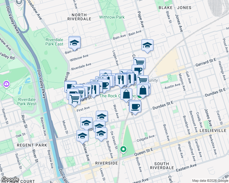map of restaurants, bars, coffee shops, grocery stores, and more near 765 Gerrard Street East in Toronto