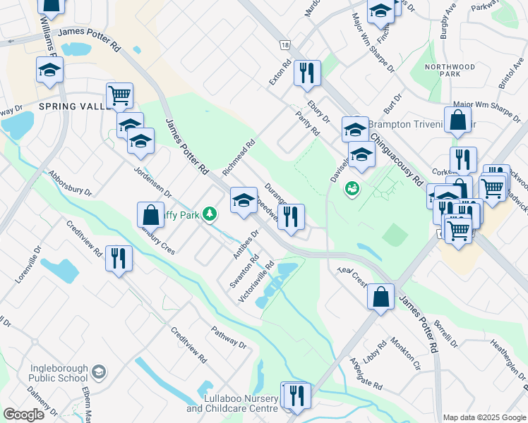 map of restaurants, bars, coffee shops, grocery stores, and more near 52 Speedwell Street in Brampton