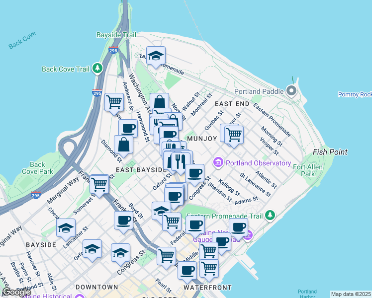 map of restaurants, bars, coffee shops, grocery stores, and more near 135 Sheridan Street in Portland