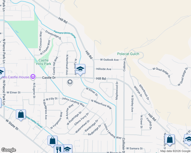 map of restaurants, bars, coffee shops, grocery stores, and more near 5120 West Hill Road in Boise