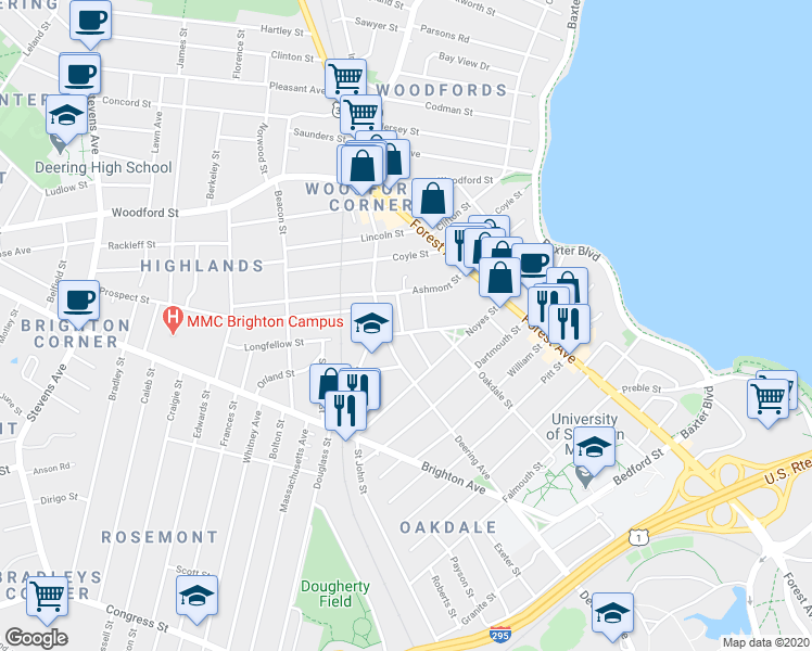 map of restaurants, bars, coffee shops, grocery stores, and more near 57 Longfellow Street in Portland