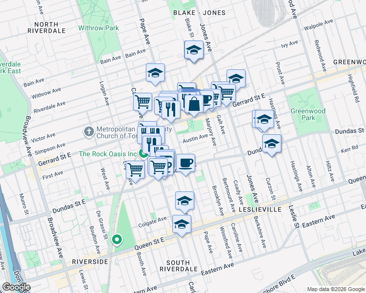 map of restaurants, bars, coffee shops, grocery stores, and more near 295 Pape Avenue in Toronto