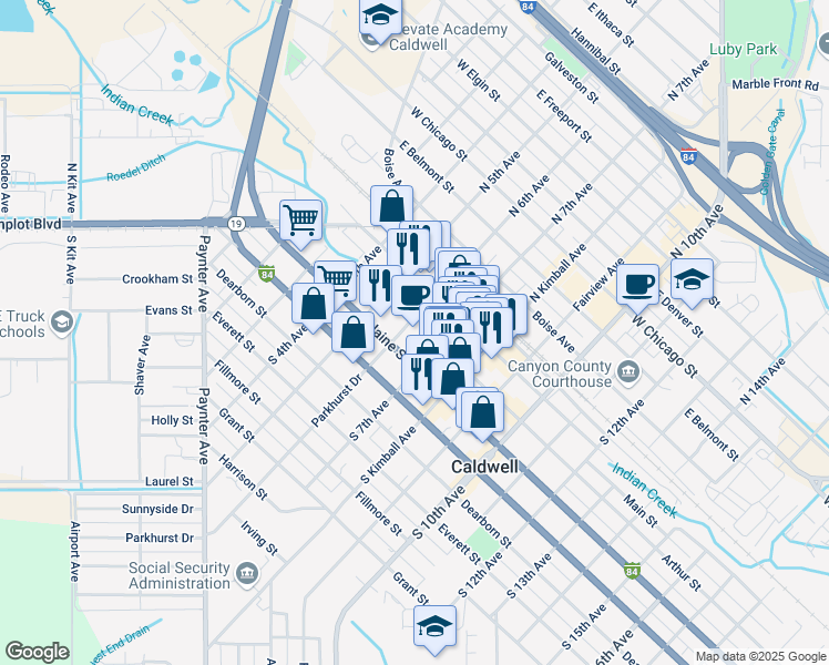 map of restaurants, bars, coffee shops, grocery stores, and more near 205 South 6th Avenue in Caldwell