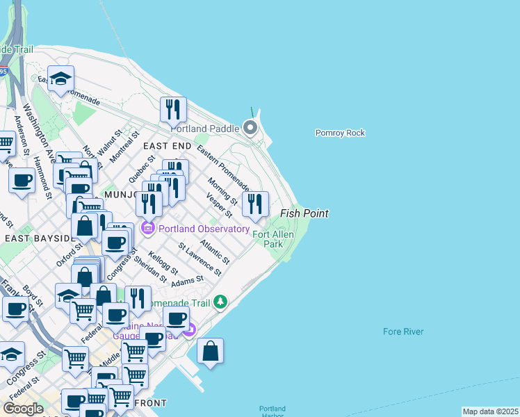 map of restaurants, bars, coffee shops, grocery stores, and more near 25 Morning Street in Portland