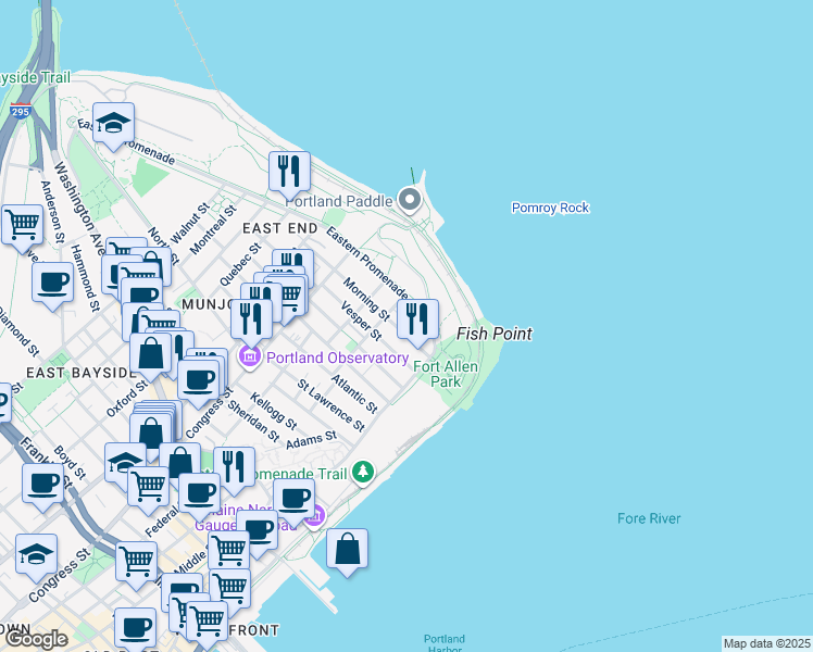 map of restaurants, bars, coffee shops, grocery stores, and more near 25 Morning Street in Portland