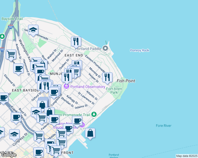 map of restaurants, bars, coffee shops, grocery stores, and more near 50 Vesper Street in Portland