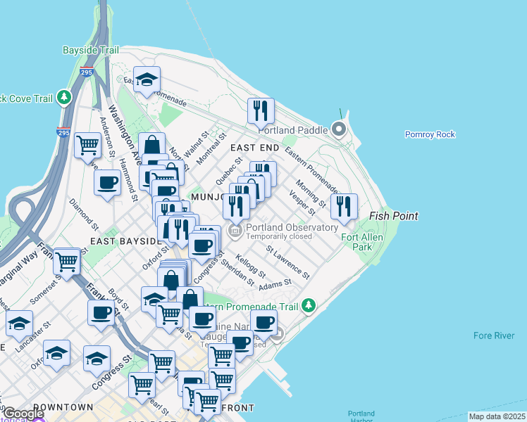 map of restaurants, bars, coffee shops, grocery stores, and more near 99 Atlantic Street in Portland