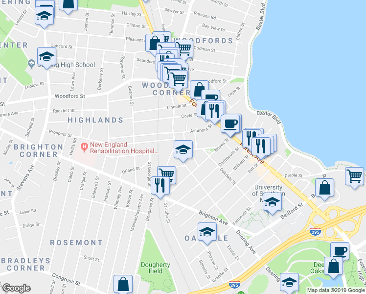 map of restaurants, bars, coffee shops, grocery stores, and more near 57 Longfellow Street in Portland