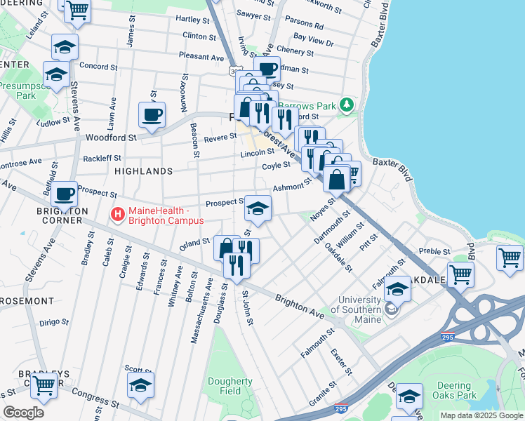 map of restaurants, bars, coffee shops, grocery stores, and more near 89 Devonshire Street in Portland