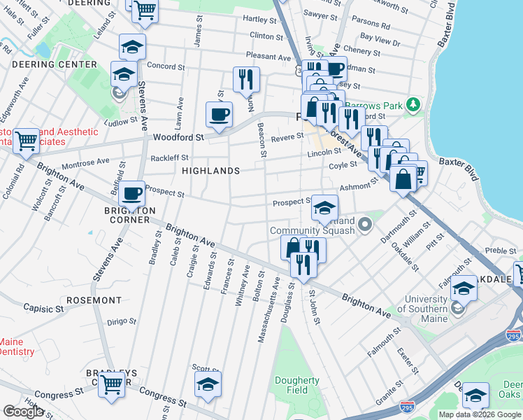 map of restaurants, bars, coffee shops, grocery stores, and more near 94 Prospect Street in Portland