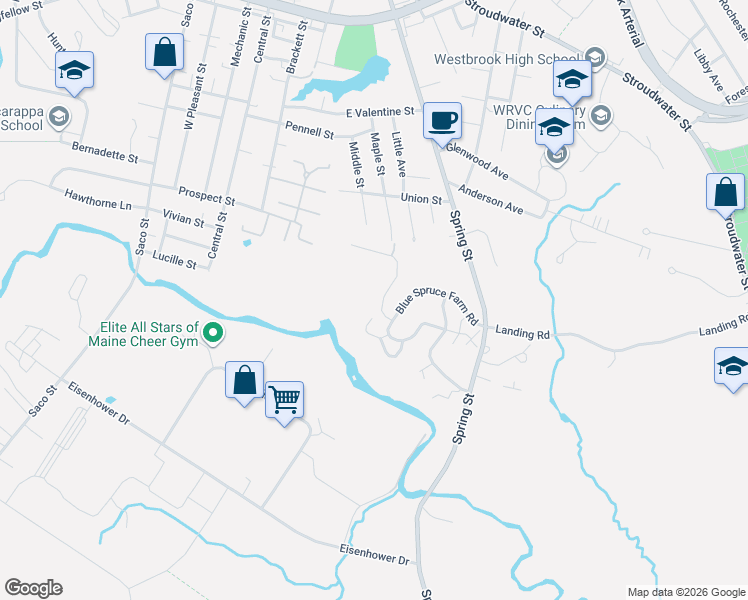 map of restaurants, bars, coffee shops, grocery stores, and more near 20 Autumn Woods Drive in Westbrook