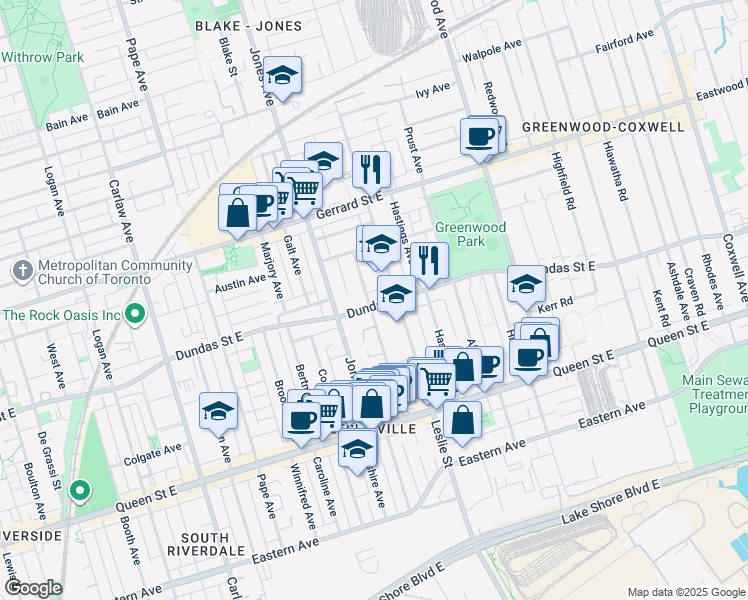 map of restaurants, bars, coffee shops, grocery stores, and more near in Toronto