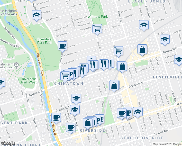 map of restaurants, bars, coffee shops, grocery stores, and more near in Toronto
