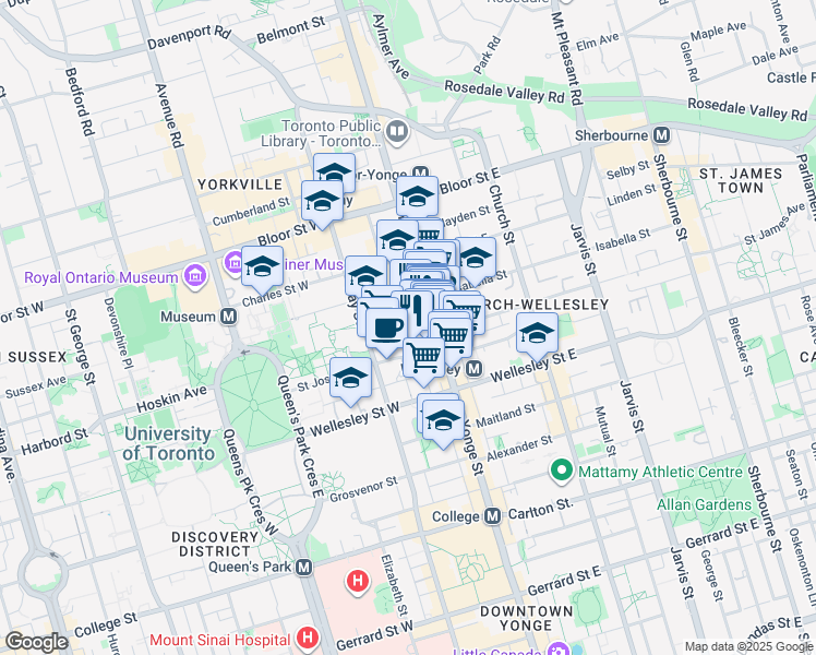map of restaurants, bars, coffee shops, grocery stores, and more near 11 Irwin Avenue in Toronto