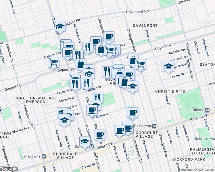 map of restaurants, bars, coffee shops, grocery stores, and more near in Toronto