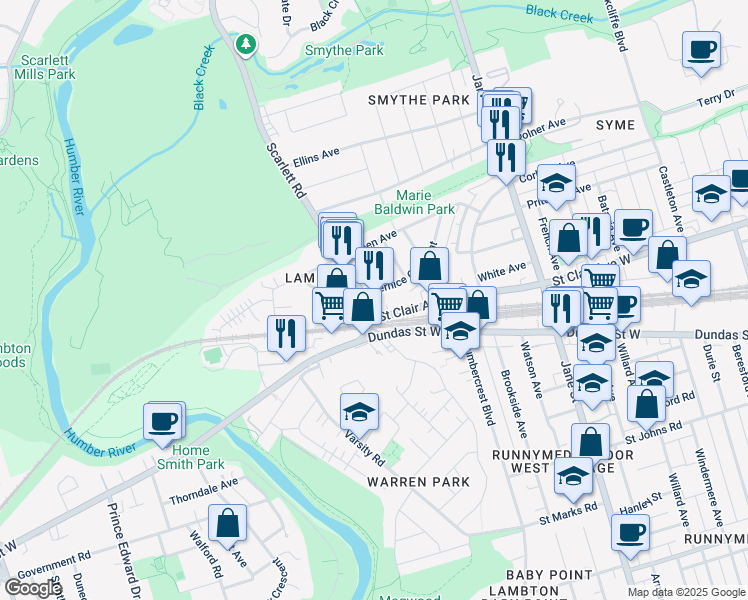 map of restaurants, bars, coffee shops, grocery stores, and more near in Toronto