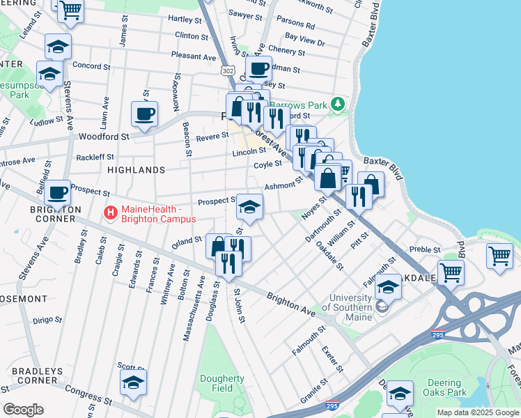 map of restaurants, bars, coffee shops, grocery stores, and more near 57 Longfellow Street in Portland