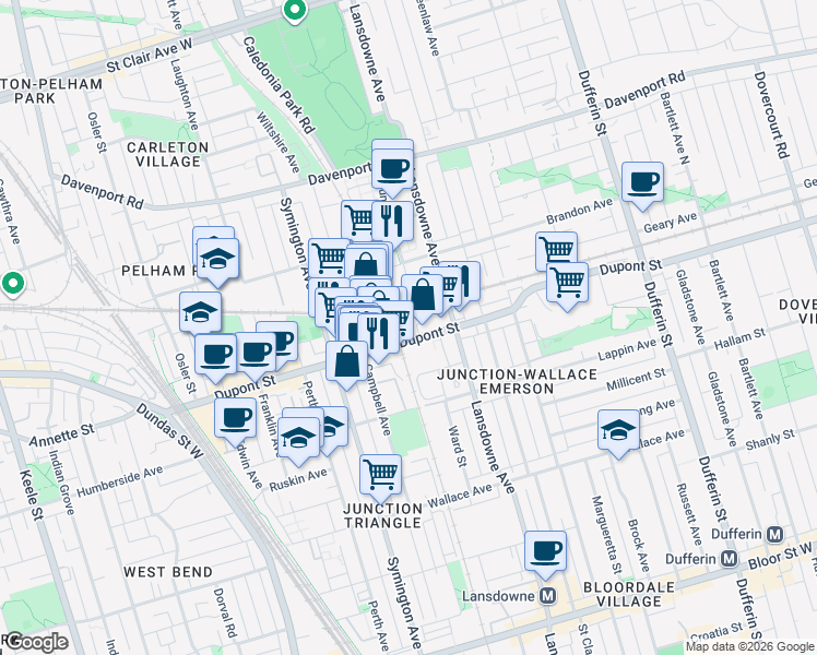 map of restaurants, bars, coffee shops, grocery stores, and more near 1420 Dupont Street in Toronto