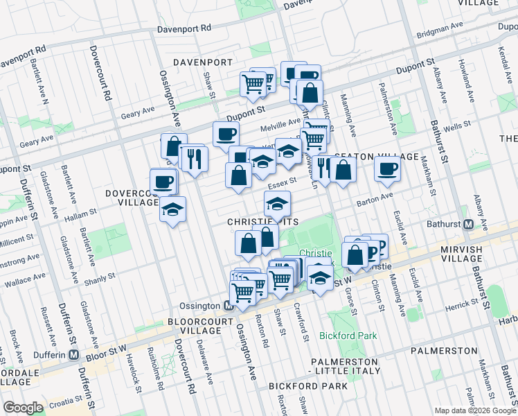 map of restaurants, bars, coffee shops, grocery stores, and more near 120 Pendrith Street in Toronto