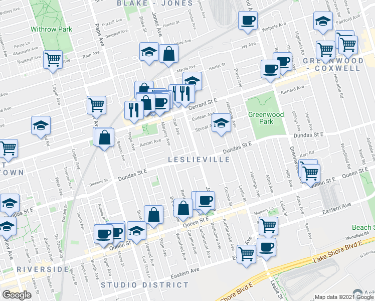 map of restaurants, bars, coffee shops, grocery stores, and more near 92 Dagmar Avenue in Toronto