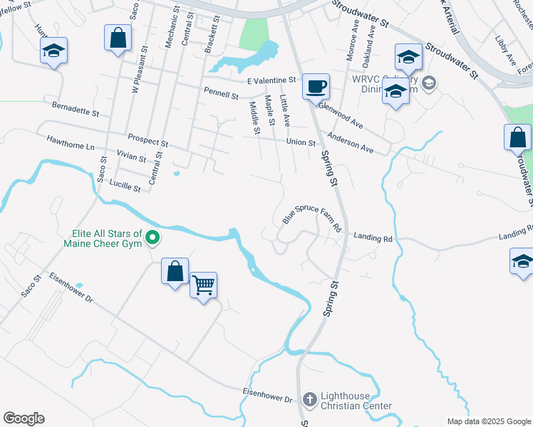 map of restaurants, bars, coffee shops, grocery stores, and more near 20 Autumn Woods Drive in Westbrook