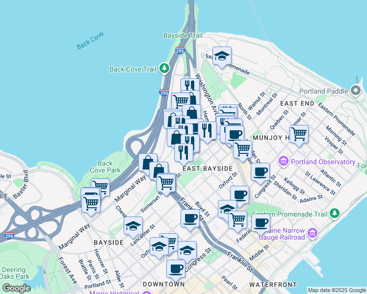 map of restaurants, bars, coffee shops, grocery stores, and more near 31 Diamond Street in Portland