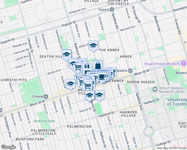 map of restaurants, bars, coffee shops, grocery stores, and more near 33 Albany Avenue in Toronto
