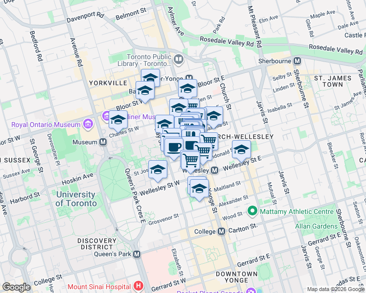 map of restaurants, bars, coffee shops, grocery stores, and more near 56 Saint Nicholas Street in Toronto