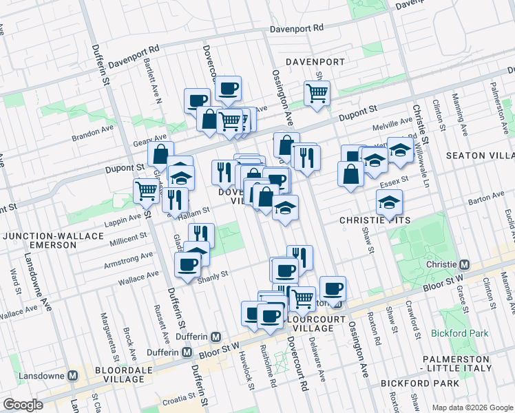map of restaurants, bars, coffee shops, grocery stores, and more near in Toronto