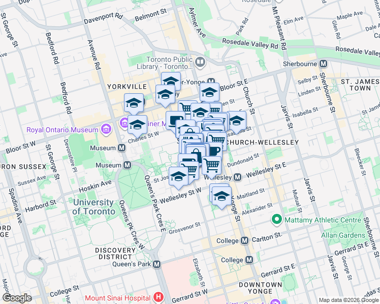 map of restaurants, bars, coffee shops, grocery stores, and more near 1055 Bay Street in Toronto