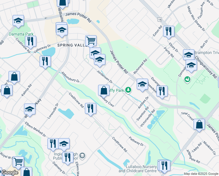 map of restaurants, bars, coffee shops, grocery stores, and more near 10 Kenora Street in Brampton