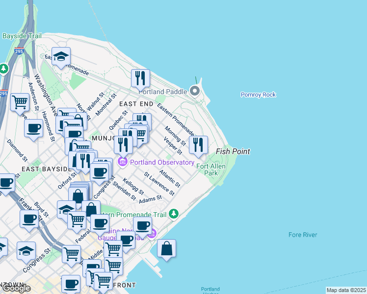 map of restaurants, bars, coffee shops, grocery stores, and more near 50 Vesper Street in Portland