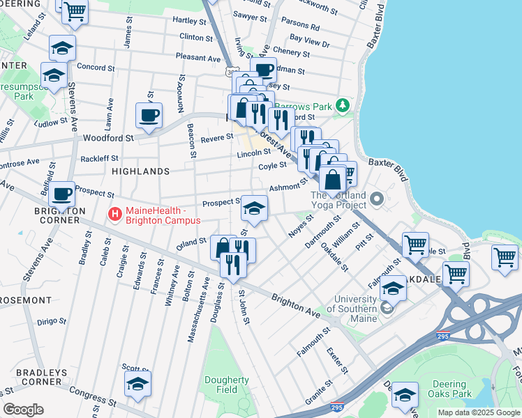 map of restaurants, bars, coffee shops, grocery stores, and more near 89 Devonshire Street in Portland