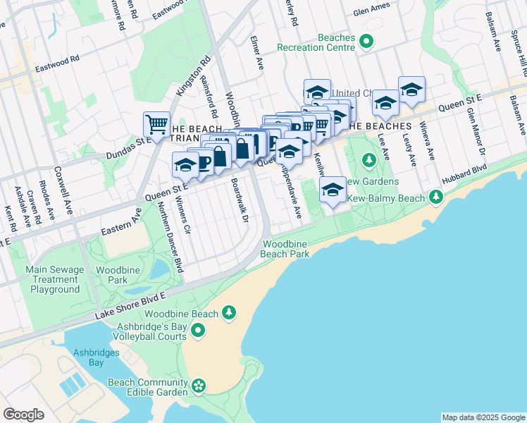 map of restaurants, bars, coffee shops, grocery stores, and more near 68 Woodbine Avenue in Toronto