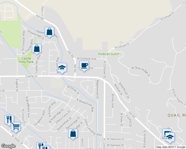map of restaurants, bars, coffee shops, grocery stores, and more near 4916 Hill Road in Boise