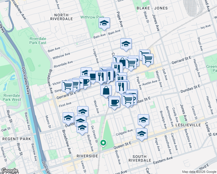 map of restaurants, bars, coffee shops, grocery stores, and more near 485 Logan Avenue in Toronto